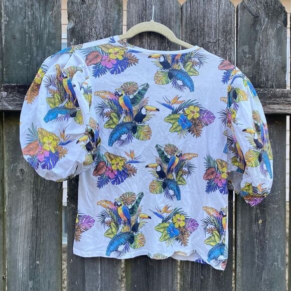 Zara Trafaluc Tropical Bird Print Puff Sleeve Top | S - Picture 4 of 4